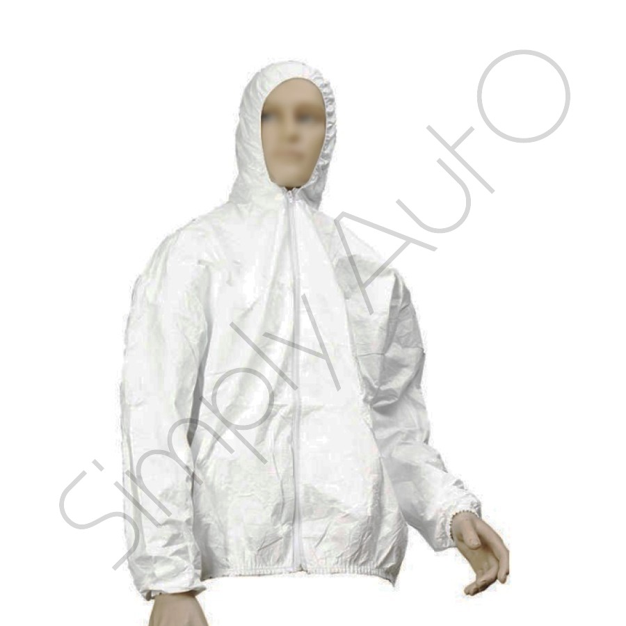 Giubbino in tyvek traspirante, con cappuccio ed elastici in polsi e vita