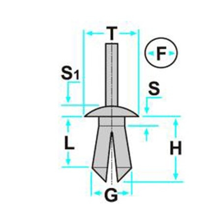Bottone di fissaggio foro Ø 6.5mm per cofano, locari passaruota, mascherine, rivestimenti e ripari Fiat, Lancia, Peugeot Citroen